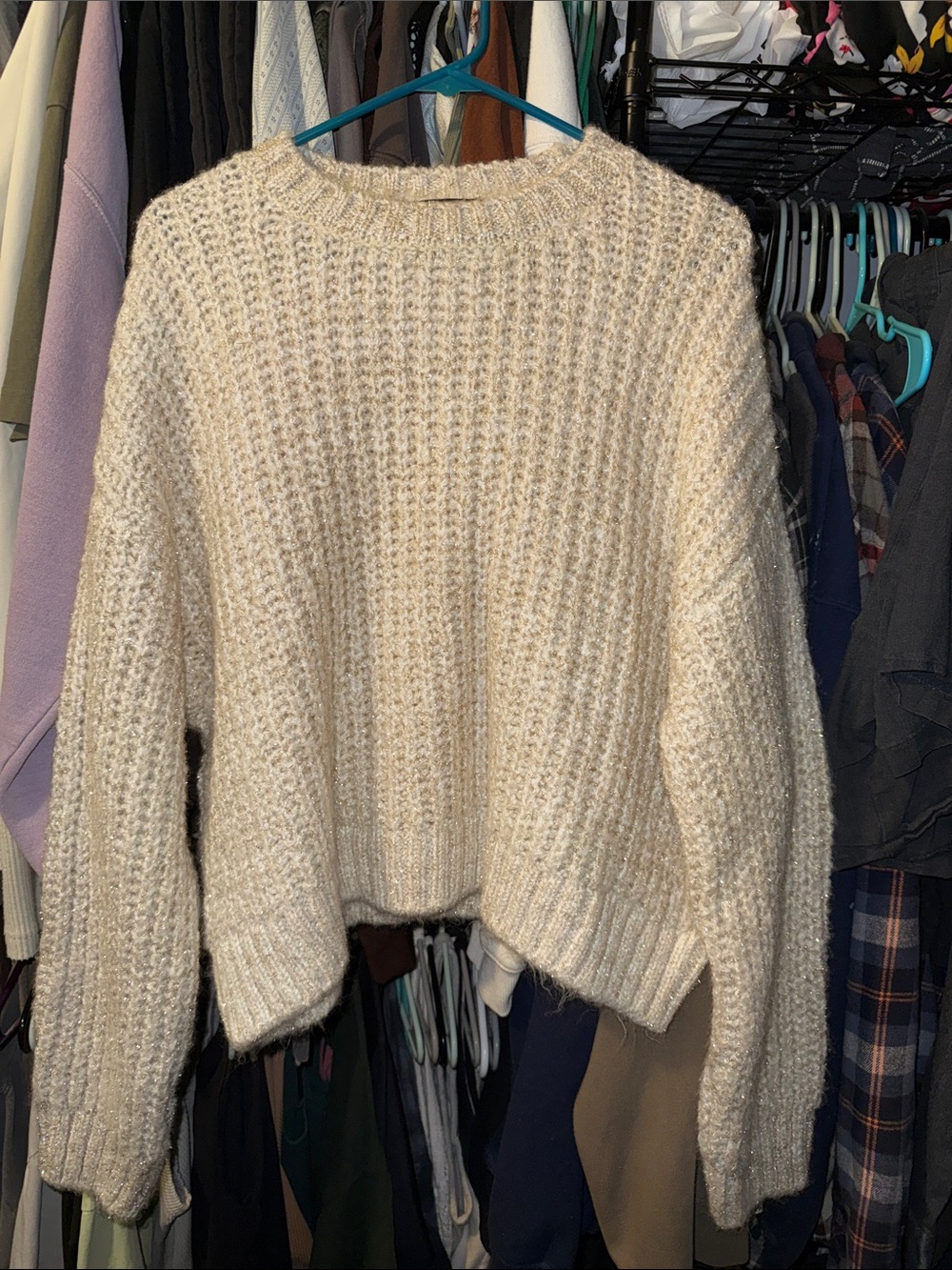 Mango Cream Waffle-Knit Crew Neck Sweater with gold threading